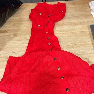 Red Button-Down Dress with Gold Accents